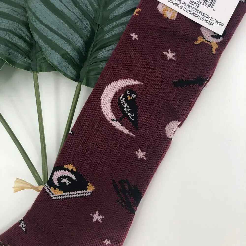 Sock It To Me Maroon Red Black Magic Hat Moon Spell Halloween Kids Knee Socks